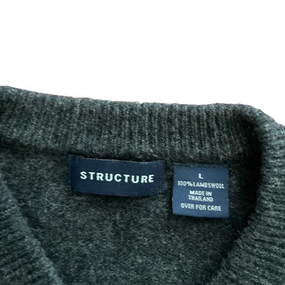 1990s VTG Structure 100% Lambswool Charcoal Gray V-neck Sweater Size Large - Picture 4 of 5